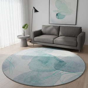 HomeRoots 8' Teal and Ivory Abstract Round Rug - Washable, UV-Protected, Stylish, and Durable for Any Room 648439