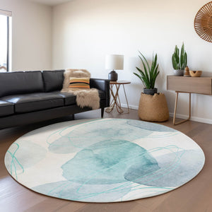 HomeRoots 8' Teal and Ivory Abstract Round Rug - Washable, UV-Protected, Stylish, and Durable for Any Room 648439