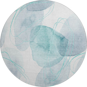 HomeRoots 8' Teal and Ivory Abstract Round Rug - Washable, UV-Protected, Stylish, and Durable for Any Room 648439