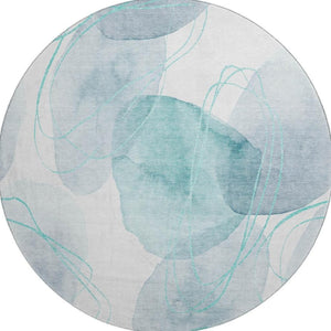 HomeRoots 8' Teal and Ivory Abstract Round Rug - Washable, UV-Protected, Stylish, and Durable for Any Room 648439