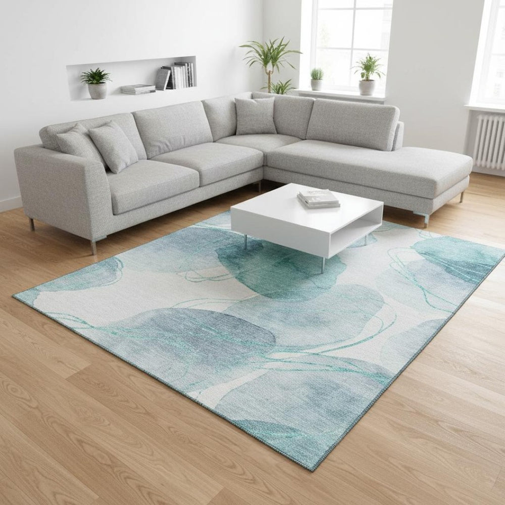HomeRoots 8' X 10' Teal and Ivory Abstract Rug - Durable, Washable, UV-Protected for Stylish Living Spaces! 648440