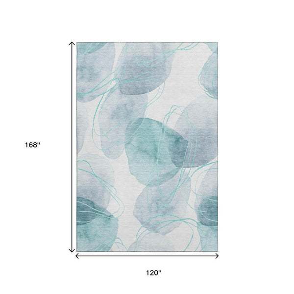 HomeRoots 10' X 14' Teal And Ivory Abstract Area Rug – Washable, Stain-Resistant, UV Protected for Family Spaces 648442
