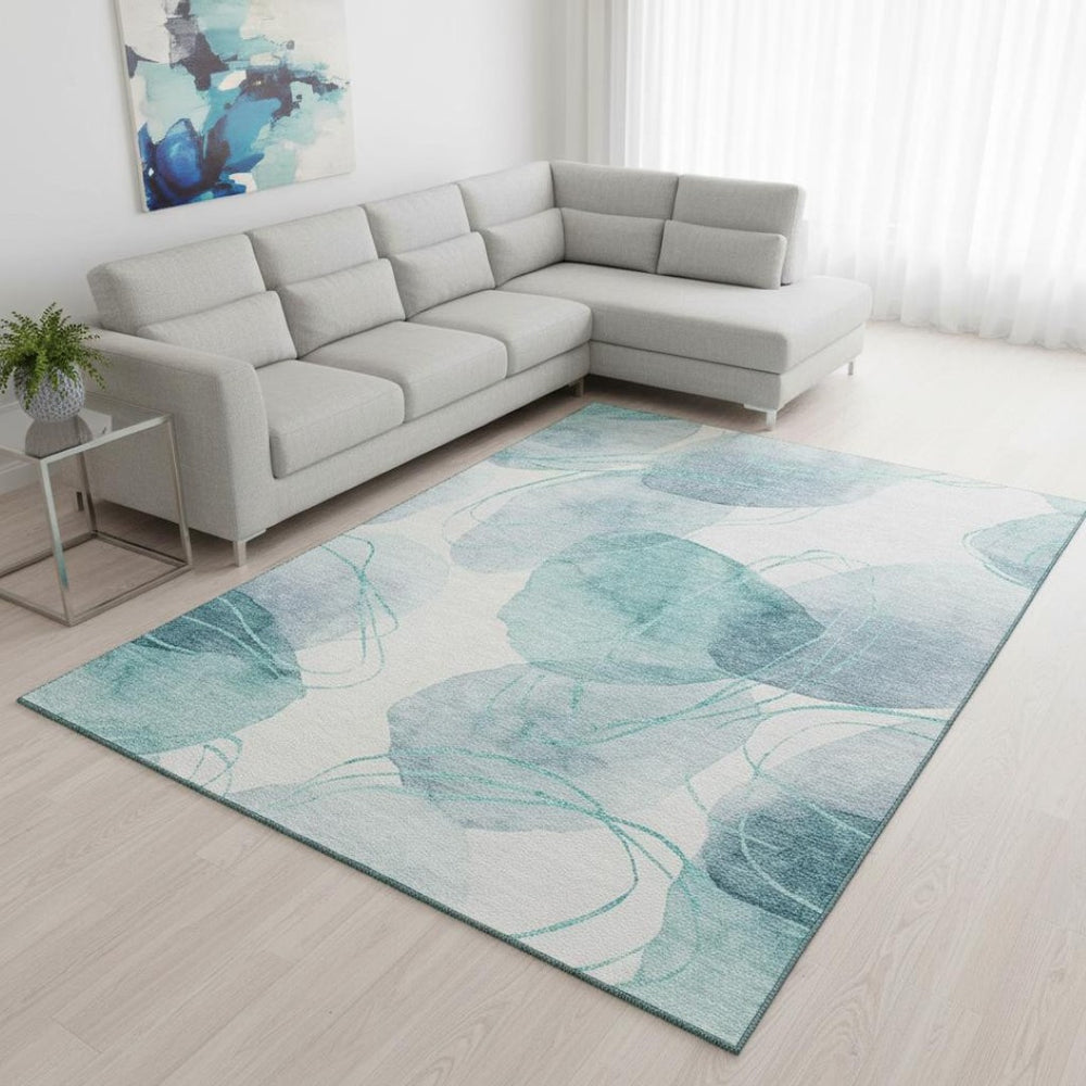 HomeRoots 10' X 14' Teal And Ivory Abstract Area Rug – Washable, Stain-Resistant, UV Protected for Family Spaces 648442