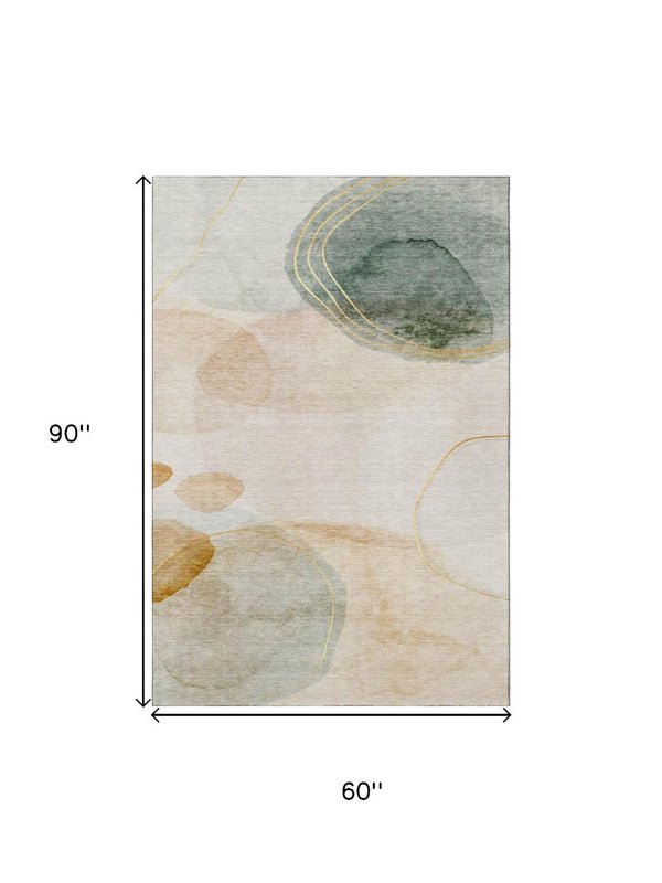 HomeRoots 5' x 8' Beige Copper Taupe Abstract Area Rug - Stylish, Washable, UV-Protected for Family Spaces 648444