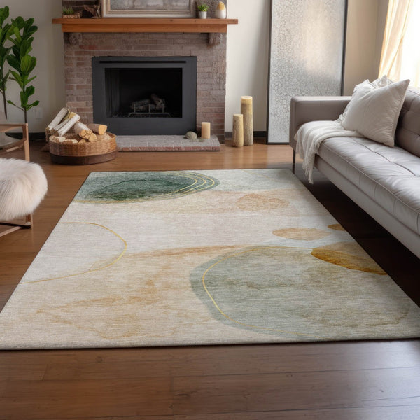 HomeRoots 5' x 8' Beige Copper Taupe Abstract Area Rug - Stylish, Washable, UV-Protected for Family Spaces 648444