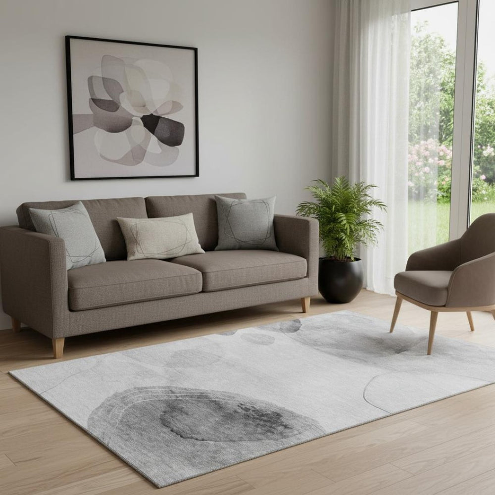 HomeRoots 5' X 8' Gray and Ivory Abstract Washable Area Rug – Stylish, Durable, UV-Protected for Everyday Use! 648450