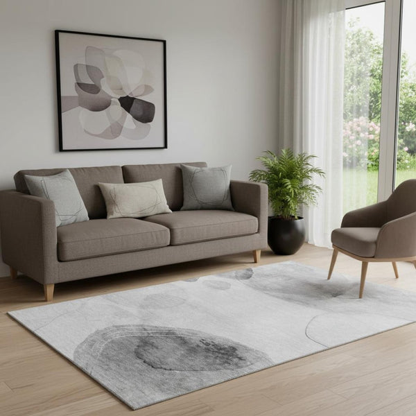 HomeRoots 5' X 8' Gray and Ivory Abstract Washable Area Rug – Stylish, Durable, UV-Protected for Everyday Use! 648450