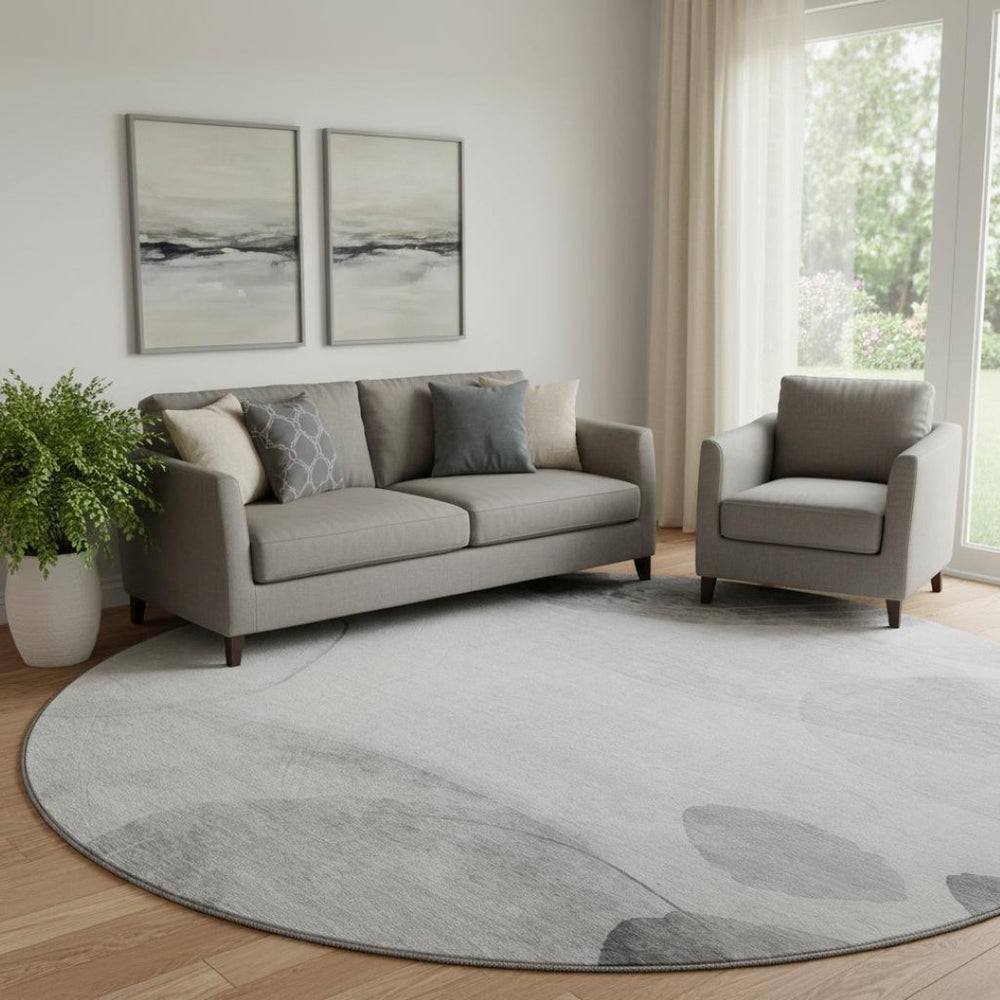 HomeRoots 8' Gray And Ivory Abstract Round Rug – Washable, UV Protected, Stylish & Durable for Busy Homes 648451