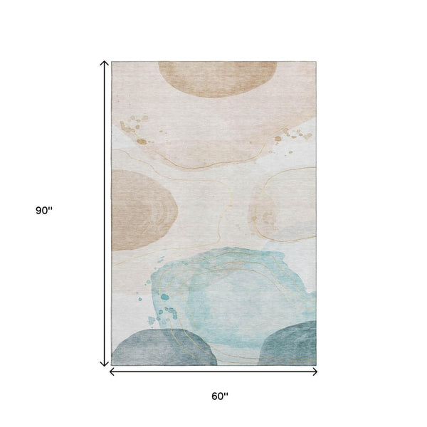 HomeRoots 5' X 8' Modern Abstract Washable Area Rug in Beige, Ivory & Teal - Durable & UV Resistant Design 648456