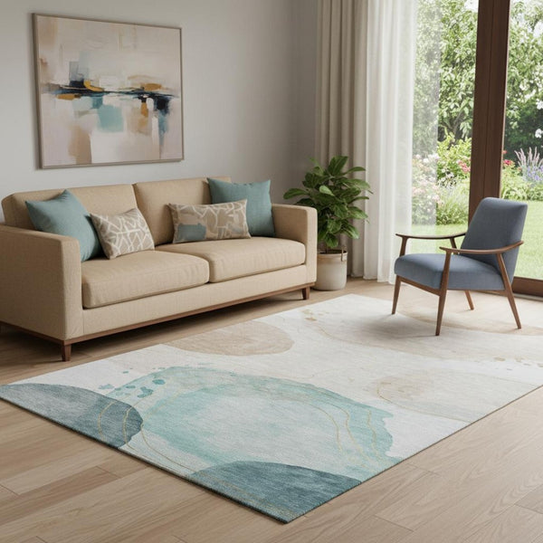 HomeRoots 5' X 8' Modern Abstract Washable Area Rug in Beige, Ivory & Teal - Durable & UV Resistant Design 648456