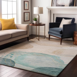HomeRoots 5' X 8' Modern Abstract Washable Area Rug in Beige, Ivory & Teal - Durable & UV Resistant Design 648456