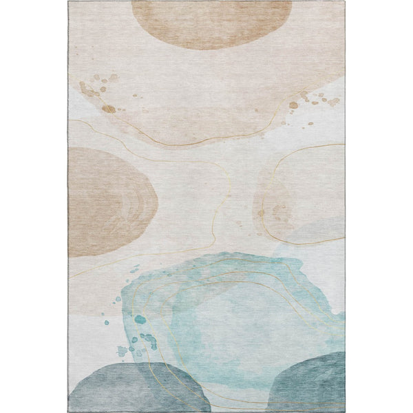 HomeRoots 5' X 8' Modern Abstract Washable Area Rug in Beige, Ivory & Teal - Durable & UV Resistant Design 648456