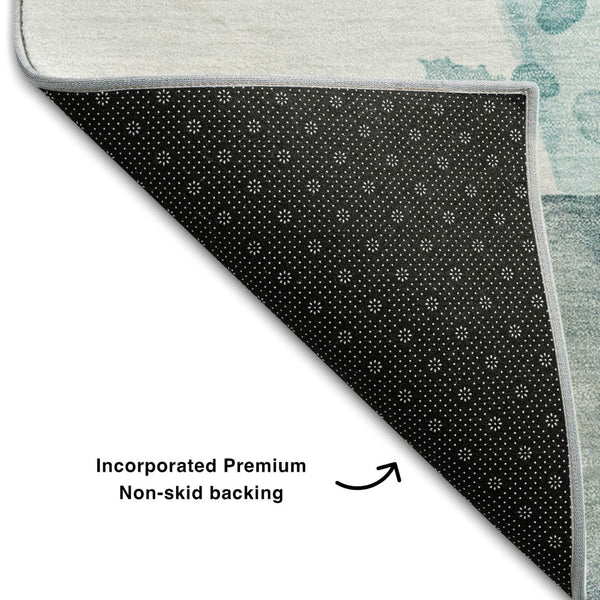 HomeRoots 5' X 8' Modern Abstract Washable Area Rug in Beige, Ivory & Teal - Durable & UV Resistant Design 648456
