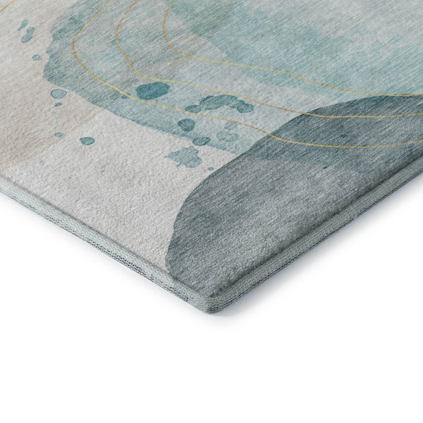 HomeRoots 5' X 8' Modern Abstract Washable Area Rug in Beige, Ivory & Teal - Durable & UV Resistant Design 648456