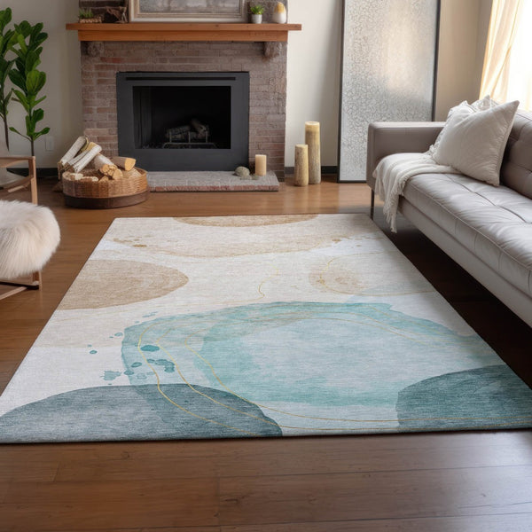 HomeRoots 5' X 8' Modern Abstract Washable Area Rug in Beige, Ivory & Teal - Durable & UV Resistant Design 648456