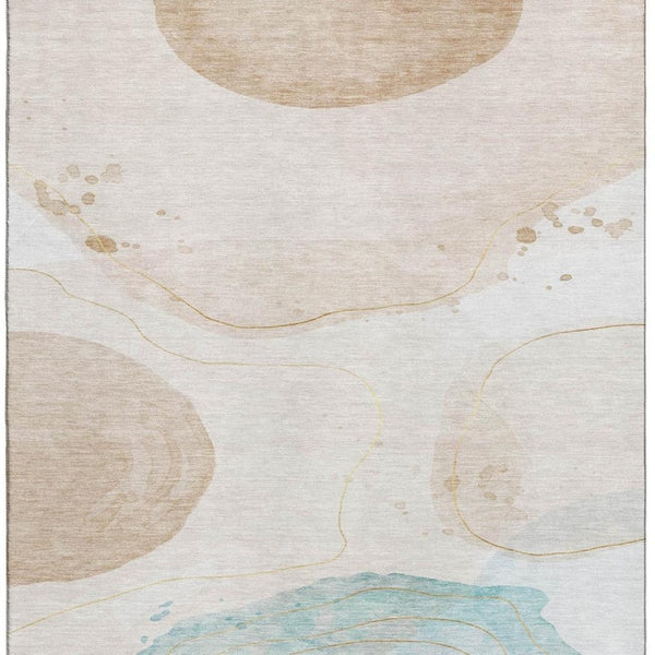 HomeRoots 5' X 8' Modern Abstract Washable Area Rug in Beige, Ivory & Teal - Durable & UV Resistant Design 648456