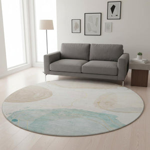 HomeRoots 8' Beige Ivory and Teal Abstract Round Rug - Washable, UV Protected, Stain Resistant for Modern Homes 648457