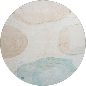 HomeRoots 8' Beige Ivory and Teal Abstract Round Rug - Washable, UV Protected, Stain Resistant for Modern Homes 648457