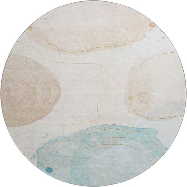 HomeRoots 8' Beige Ivory and Teal Abstract Round Rug - Washable, UV Protected, Stain Resistant for Modern Homes 648457