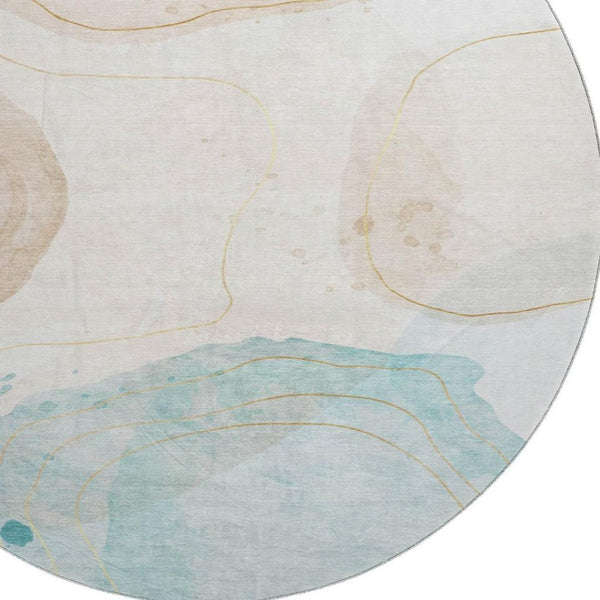 HomeRoots 8' Beige Ivory and Teal Abstract Round Rug - Washable, UV Protected, Stain Resistant for Modern Homes 648457