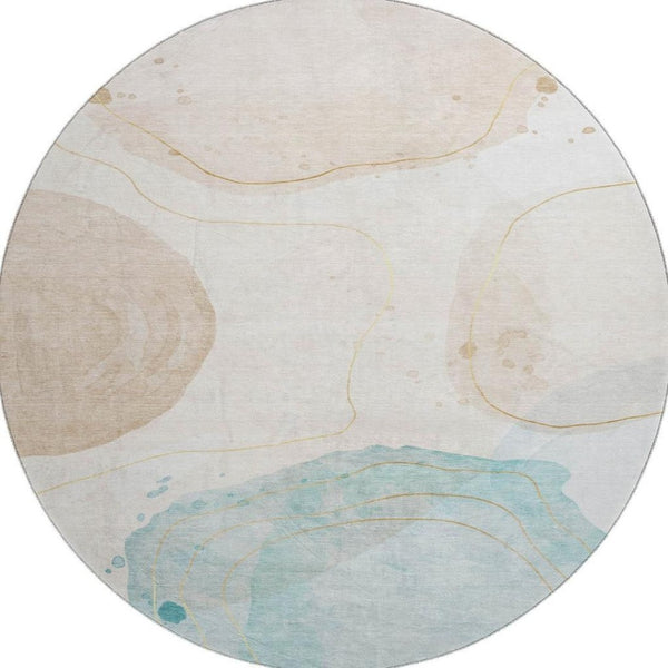 HomeRoots 8' Beige Ivory and Teal Abstract Round Rug - Washable, UV Protected, Stain Resistant for Modern Homes 648457