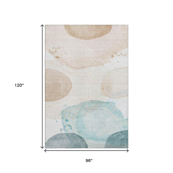 HomeRoots 8' X 10' Abstract Washable Area Rug in Beige, Ivory & Teal – UV Protected, Durable & Stylish Design 648458