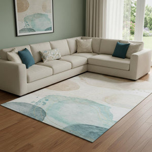 HomeRoots 8' X 10' Abstract Washable Area Rug in Beige, Ivory & Teal – UV Protected, Durable & Stylish Design 648458