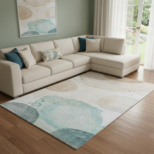HomeRoots 9' X 12' Abstract Area Rug in Beige, Ivory & Teal - Durable, Washable, UV Protected for Busy Homes 648459