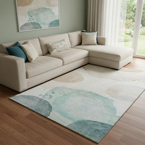 HomeRoots 9' X 12' Abstract Area Rug in Beige, Ivory & Teal - Durable, Washable, UV Protected for Busy Homes 648459