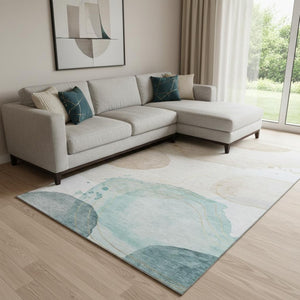 HomeRoots 10' X 14' Abstract Washable Area Rug in Beige, Ivory & Teal - UV Protected, Durable, Easy Care! 648460