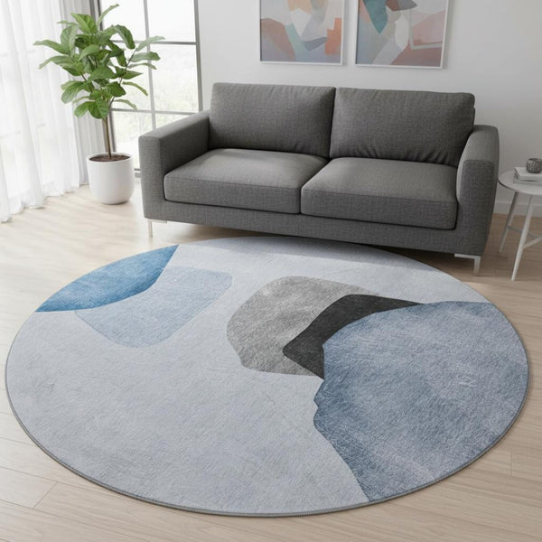 HomeRoots 8' Blue and Gray Abstract Washable Round Rug - Durable, Stain-Resistant, UV Protected for Modern Homes 648463