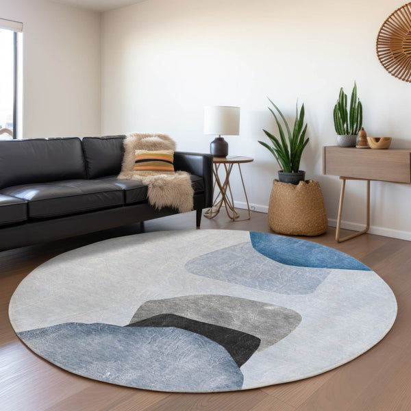 HomeRoots 8' Blue and Gray Abstract Washable Round Rug - Durable, Stain-Resistant, UV Protected for Modern Homes 648463