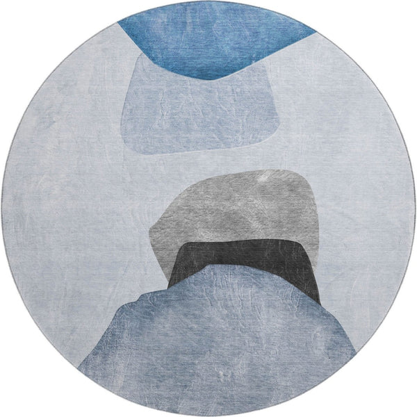 HomeRoots 8' Blue and Gray Abstract Washable Round Rug - Durable, Stain-Resistant, UV Protected for Modern Homes 648463