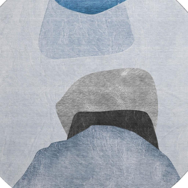 HomeRoots 8' Blue and Gray Abstract Washable Round Rug - Durable, Stain-Resistant, UV Protected for Modern Homes 648463