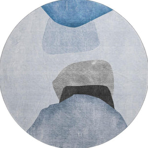HomeRoots 8' Blue and Gray Abstract Washable Round Rug - Durable, Stain-Resistant, UV Protected for Modern Homes 648463