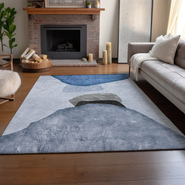 HomeRoots 8' X 10' Blue and Gray Abstract Area Rug - Washable, UV Protected, Ideal for Homes with Kids & Pets 648464