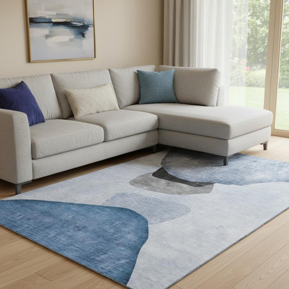 HomeRoots 9' X 12' Stylish Blue and Gray Abstract Area Rug – Washable, Stain Resistant, UV Protected Design 648465