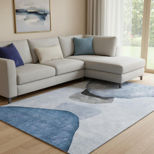 HomeRoots 9' X 12' Stylish Blue and Gray Abstract Area Rug – Washable, Stain Resistant, UV Protected Design 648465