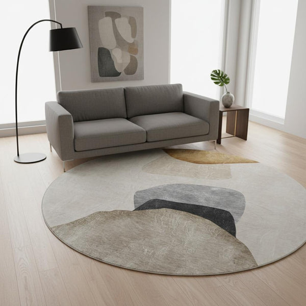 HomeRoots 8' Brown And Gray Abstract Round Rug – Washable, UV-Protected, Stain-Resistant for Busy Homes! 648469