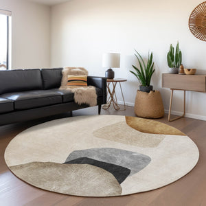 HomeRoots 8' Brown And Gray Abstract Round Rug – Washable, UV-Protected, Stain-Resistant for Busy Homes! 648469