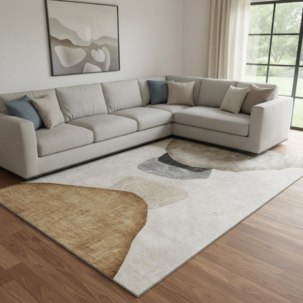 HomeRoots 9' X 12' Washable Brown & Gray Abstract Area Rug with UV Protection for High-Traffic Spaces 648471
