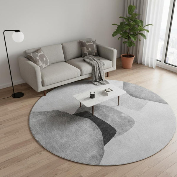 HomeRoots 8' Gray and Silver Abstract Washable Round Rug - Durable, UV-Resistant, and Stylish for Every Home 648475