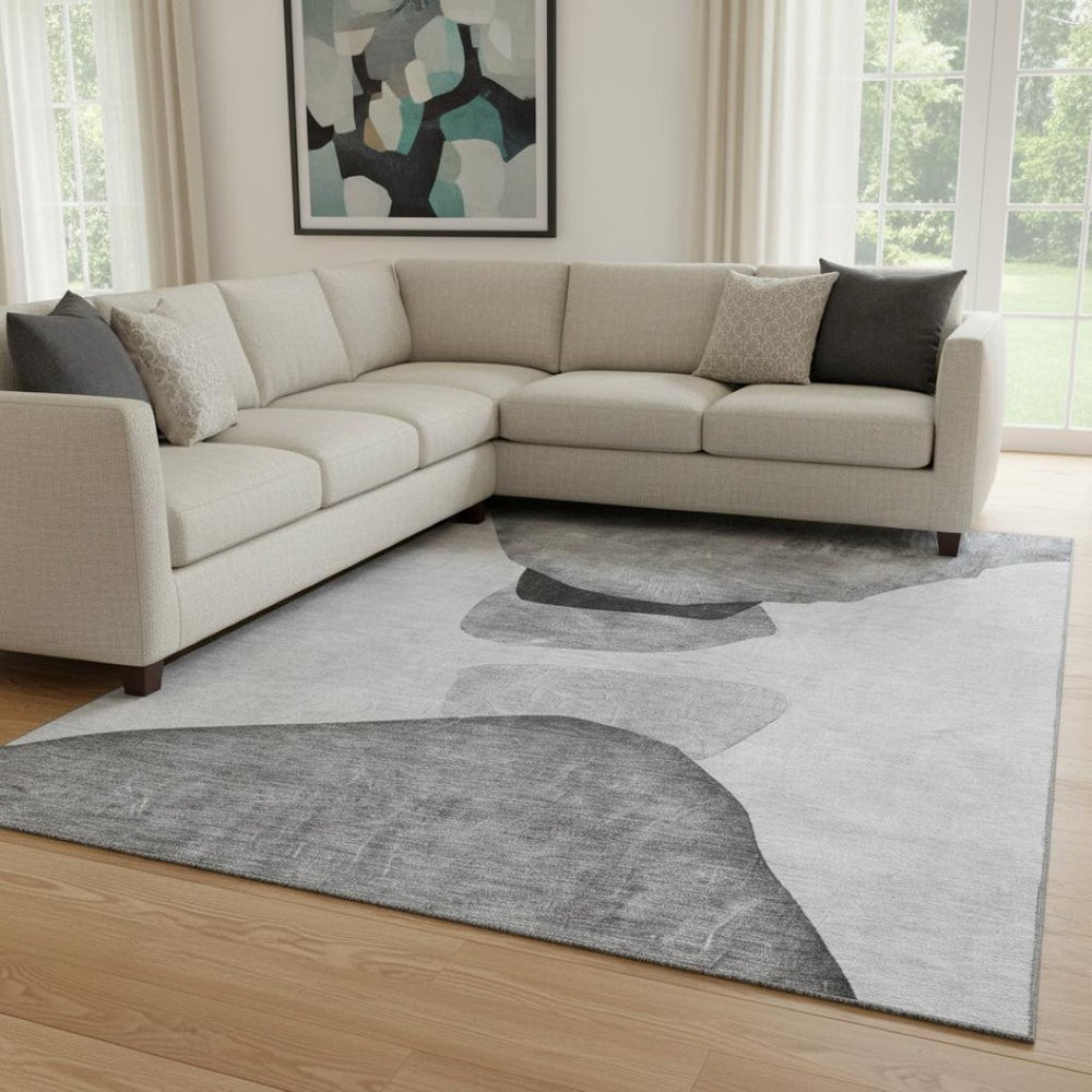 HomeRoots 8' X 10' Gray And Silver Abstract Washable Area Rug - Stylish, Durable, UV Protected for High-Traffic Spaces 648476
