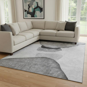 HomeRoots 8' X 10' Gray And Silver Abstract Washable Area Rug - Stylish, Durable, UV Protected for High-Traffic Spaces 648476