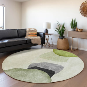 HomeRoots 8' Green and Gray Abstract Round Rug - Washable, UV-Protected, Stylish & Durable for Modern Homes 648481