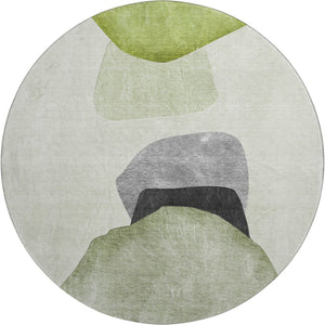 HomeRoots 8' Green and Gray Abstract Round Rug - Washable, UV-Protected, Stylish & Durable for Modern Homes 648481