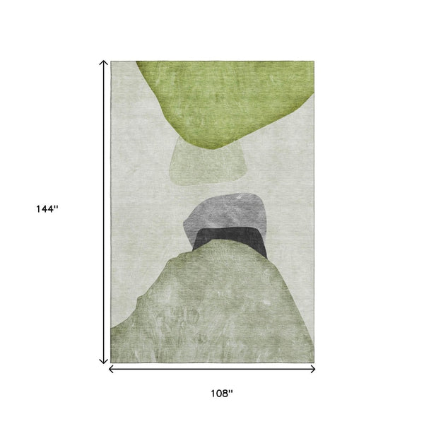 HomeRoots 9' X 12' Washable Green & Gray Abstract Area Rug with UV Protection for Stylish, Durable Living Spaces 648483