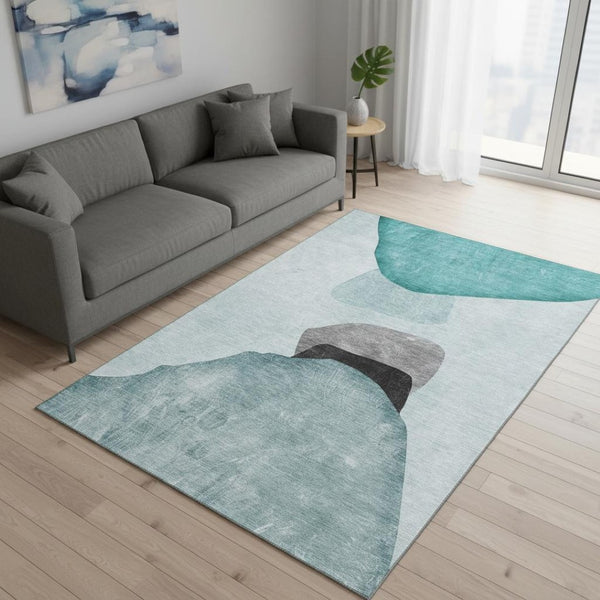 HomeRoots 5' X 8' Teal and Gray Abstract Area Rug - Washable, UV-Protected, Durable for High-Traffic Homes 648486