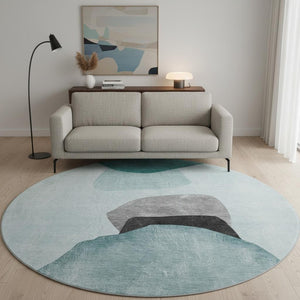 HomeRoots 8' Teal And Gray Abstract Round Rug - Washable, UV-Protected, Stain-Resistant for High-Traffic Areas 648487