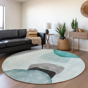 HomeRoots 8' Teal And Gray Abstract Round Rug - Washable, UV-Protected, Stain-Resistant for High-Traffic Areas 648487